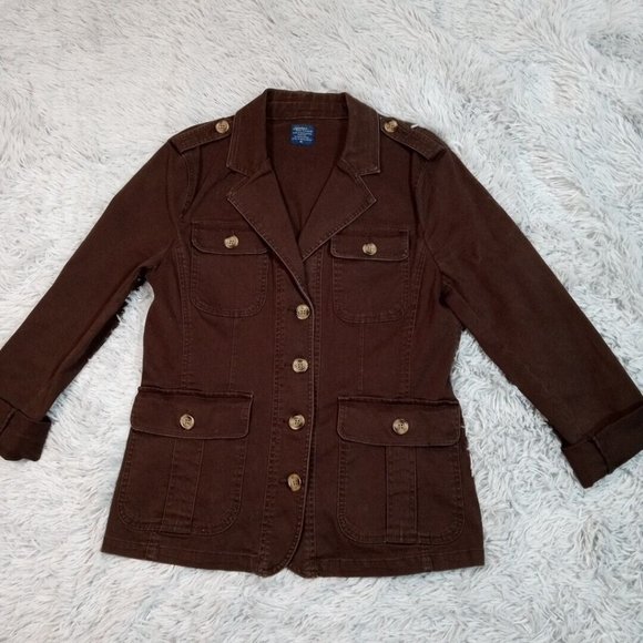 Vintage Jockey Womens Jacket‎ Denim Brown M Button Up Pockets Utility Casual - Picture 1 of 11